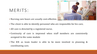 MERITS:
 Nursing care hours are usually cost-effective.
 The client is able to identify personnel who are responsible for his care.
 All care is directed by a registered nurse.
 Continuity of care is improved when staff members are consistently
assigned to the same module
 The RN as team leader is able to be more involved in planning &
coordinating care.
 