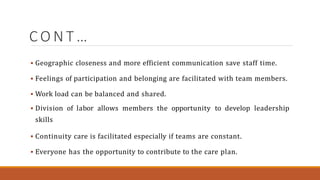 C O N T …
 Geographic closeness and more efficient communication save staff time.
 Feelings of participation and belonging are facilitated with team members.
 Work load can be balanced and shared.
 Division of labor allows members the opportunity to develop leadership
skills
 Continuity care is facilitated especially if teams are constant.
 Everyone has the opportunity to contribute to the care plan.
 