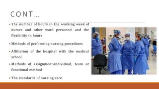 C O N T …
 The number of hours in the working week of
nurses and other ward personnel and the
flexibility in hours
 Methods of performing nursing procedures
 Affiliation of the hospital with the medical
school
 Methods of assignment-individual, team or
functional method
 The standards of nursing care.
 