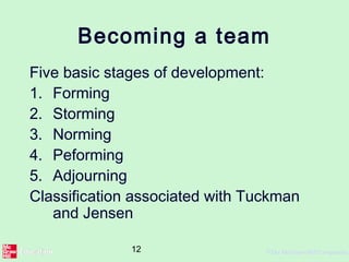 12 ©The McGraw-Hill Companies,
Becoming a team
Five basic stages of development:
1. Forming
2. Storming
3. Norming
4. Peforming
5. Adjourning
Classification associated with Tuckman
and Jensen
 
