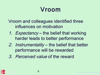9 ©The McGraw-Hill Companies,
Vroom
Vroom and colleagues identified three
influences on motivation
1. Expectancy – the belief that working
harder leads to better performance
2. Instrumentality – the belief that better
performance will be rewarded
3. Perceived value of the reward
 