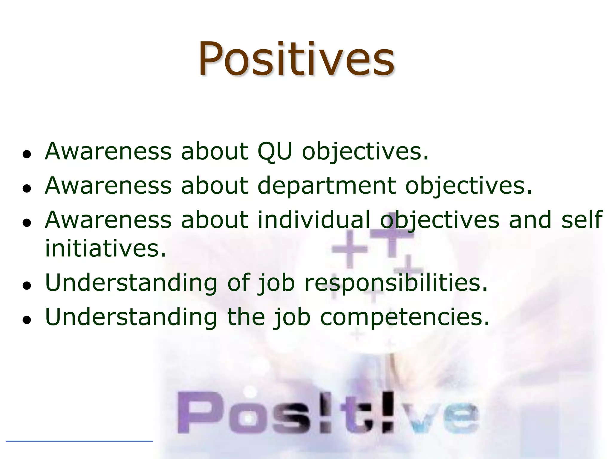 Positives
   Awareness about QU objectives.
   Awareness about department objectives.
   Awareness about individual objectives and self
    initiatives.
   Understanding of job responsibilities.
   Understanding the job competencies.
 