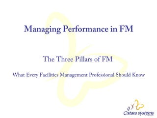 Managing Performance in FM


             The Three Pillars of FM

What Every Facilities Management Professional Should Know
 