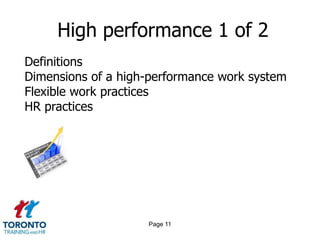 High performance 1 of 2
Definitions
Dimensions of a high-performance work system
Flexible work practices
HR practices




                    Page 11
 