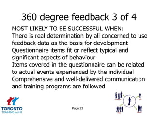 360 degree feedback 3 of 4
MOST LIKELY TO BE SUCCESSFUL WHEN:
There is real determination by all concerned to use
feedback data as the basis for development
Questionnaire items fit or reflect typical and
significant aspects of behaviour
Items covered in the questionnaire can be related
to actual events experienced by the individual
Comprehensive and well-delivered communication
and training programs are followed


                      Page 23
 