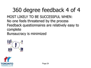 360 degree feedback 4 of 4
MOST LIKELY TO BE SUCCESSFUL WHEN:
No one feels threatened by the process
Feedback questionnaires are relatively easy to
complete
Bureaucracy is minimized




                      Page 24
 