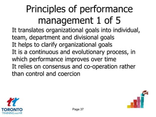 Principles of performance
        management 1 of 5
It translates organizational goals into individual,
team, department and divisional goals
It helps to clarify organizational goals
It is a continuous and evolutionary process, in
which performance improves over time
It relies on consensus and co-operation rather
than control and coercion




                        Page 37
 