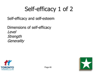 Self-efficacy 1 of 2
Self-efficacy and self-esteem

Dimensions of self-efficacy
Level
Strength
Generality




                      Page 46
 