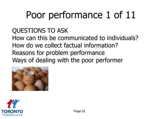 Poor performance 1 of 11
QUESTIONS TO ASK
How can this be communicated to individuals?
How do we collect factual information?
Reasons for problem performance
Ways of dealing with the poor performer




                     Page 52
 