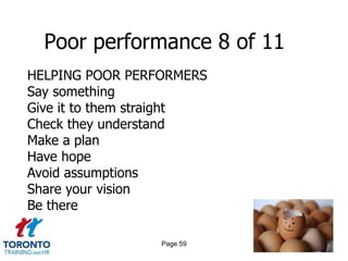 Poor performance 8 of 11
HELPING POOR PERFORMERS
Say something
Give it to them straight
Check they understand
Make a plan
Have hope
Avoid assumptions
Share your vision
Be there

                 Page 59
 