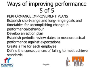 Ways of improving performance
            5 of 5
PERFORMANCE IMPROVEMENT PLANS
Establish short-range and long-range goals and
timetables for accomplishing change in
performance/behaviour
Develop an action plan
Establish periodic review dates to measure actual
performance against expectations
Create a file for each employee
Define the consequences of failing to meet achieve
standards

                      Page 68
 