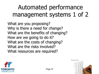 Automated performance
  management systems 1 of 2
What are you proposing?
Why is there a need for change?
What are the benefits of changing?
How are we going to do it?
What are the costs of changing?
What are the risks involved?
What resources are required?



                     Page 72
 