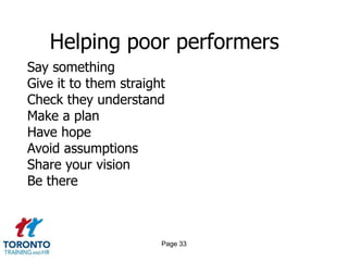 Helping poor performers
Say something
Give it to them straight
Check they understand
Make a plan
Have hope
Avoid assumptions
Share your vision
Be there



                       Page 33
 
