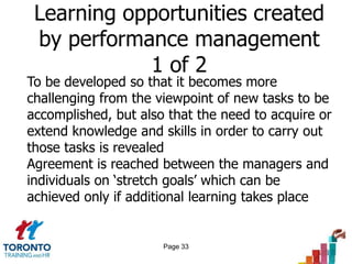 Learning opportunities created
 by performance management
            1 of 2
To be developed so that it becomes more
challenging from the viewpoint of new tasks to be
accomplished, but also that the need to acquire or
extend knowledge and skills in order to carry out
those tasks is revealed
Agreement is reached between the managers and
individuals on „stretch goals‟ which can be
achieved only if additional learning takes place


                      Page 33
 