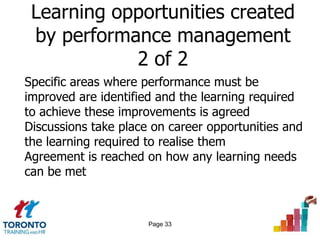 Learning opportunities created
 by performance management
            2 of 2
Specific areas where performance must be
improved are identified and the learning required
to achieve these improvements is agreed
Discussions take place on career opportunities and
the learning required to realise them
Agreement is reached on how any learning needs
can be met



                      Page 33
 
