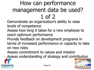 How can performance
   management data be used?
            1 of 2
Demonstrate an organization‟s ability to raise
levels of competence
Assess how long it takes for a new employee to
reach optimum performance
Provide feedback on development programs in
terms of increased performance or capacity to take
on new roles
Assess commitment to values and mission
Assess understanding of strategy and contribution

                      Page 33
 