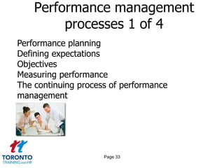 Performance management
         processes 1 of 4
Performance planning
Defining expectations
Objectives
Measuring performance
The continuing process of performance
management




                     Page 33
 