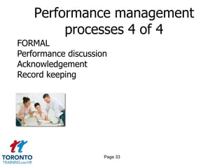 Performance management
         processes 4 of 4
FORMAL
Performance discussion
Acknowledgement
Record keeping




                     Page 33
 
