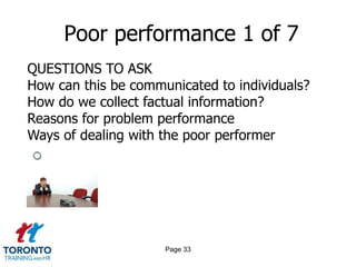 Poor performance 1 of 7
QUESTIONS TO ASK
How can this be communicated to individuals?
How do we collect factual information?
Reasons for problem performance
Ways of dealing with the poor performer




                     Page 33
 