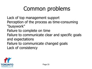 Common problems
Lack of top management support
Perception of the process as time-consuming
“busywork”
Failure to complete on time
Failure to communicate clear and specific goals
and expectations
Failure to communicate changed goals
Lack of consistency



                      Page 33
 
