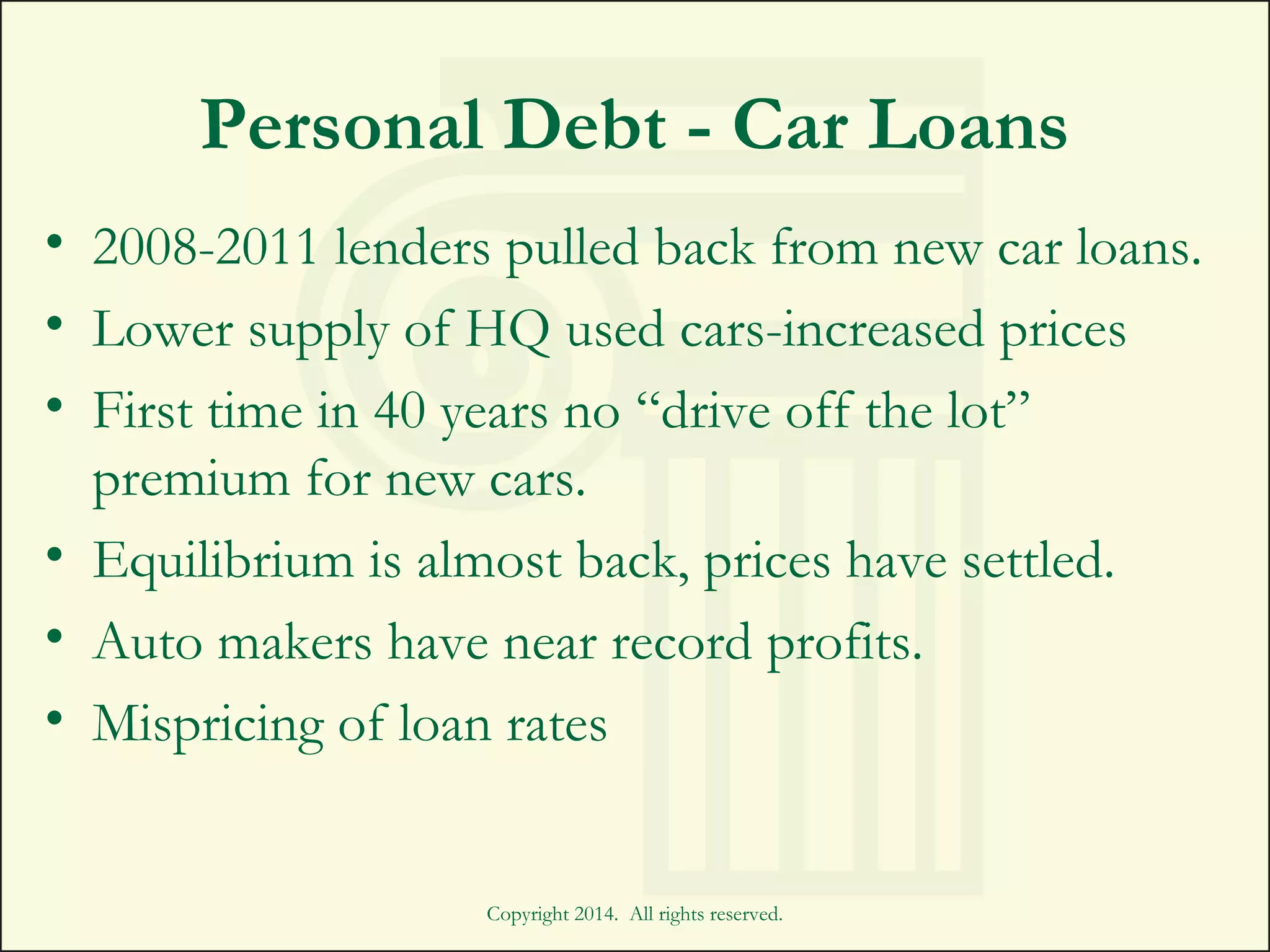 Personal Debt - Car Loans
• 2008-2011 lenders pulled back from new car loans.
• Lower supply of HQ used cars-increased prices
• First time in 40 years no “drive off the lot”
premium for new cars.
• Equilibrium is almost back, prices have settled.
• Auto makers have near record profits.
• Mispricing of loan rates
Copyright 2014. All rights reserved.
 