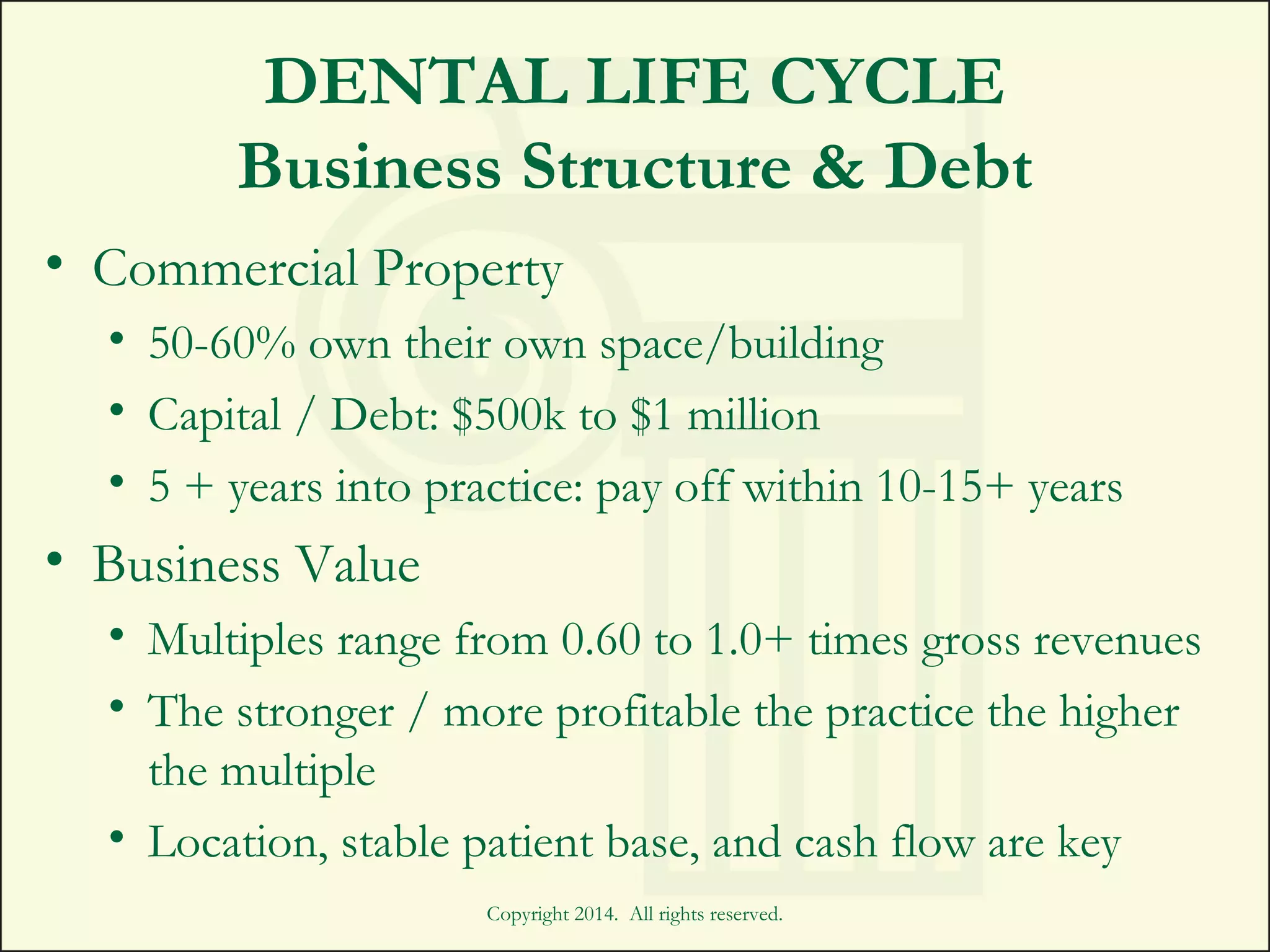 DENTAL LIFE CYCLE
Business Structure & Debt
• Commercial Property
• 50-60% own their own space/building
• Capital / Debt: $500k to $1 million
• 5 + years into practice: pay off within 10-15+ years
• Business Value
• Multiples range from 0.60 to 1.0+ times gross revenues
• The stronger / more profitable the practice the higher
the multiple
• Location, stable patient base, and cash flow are key
Copyright 2014. All rights reserved.
 