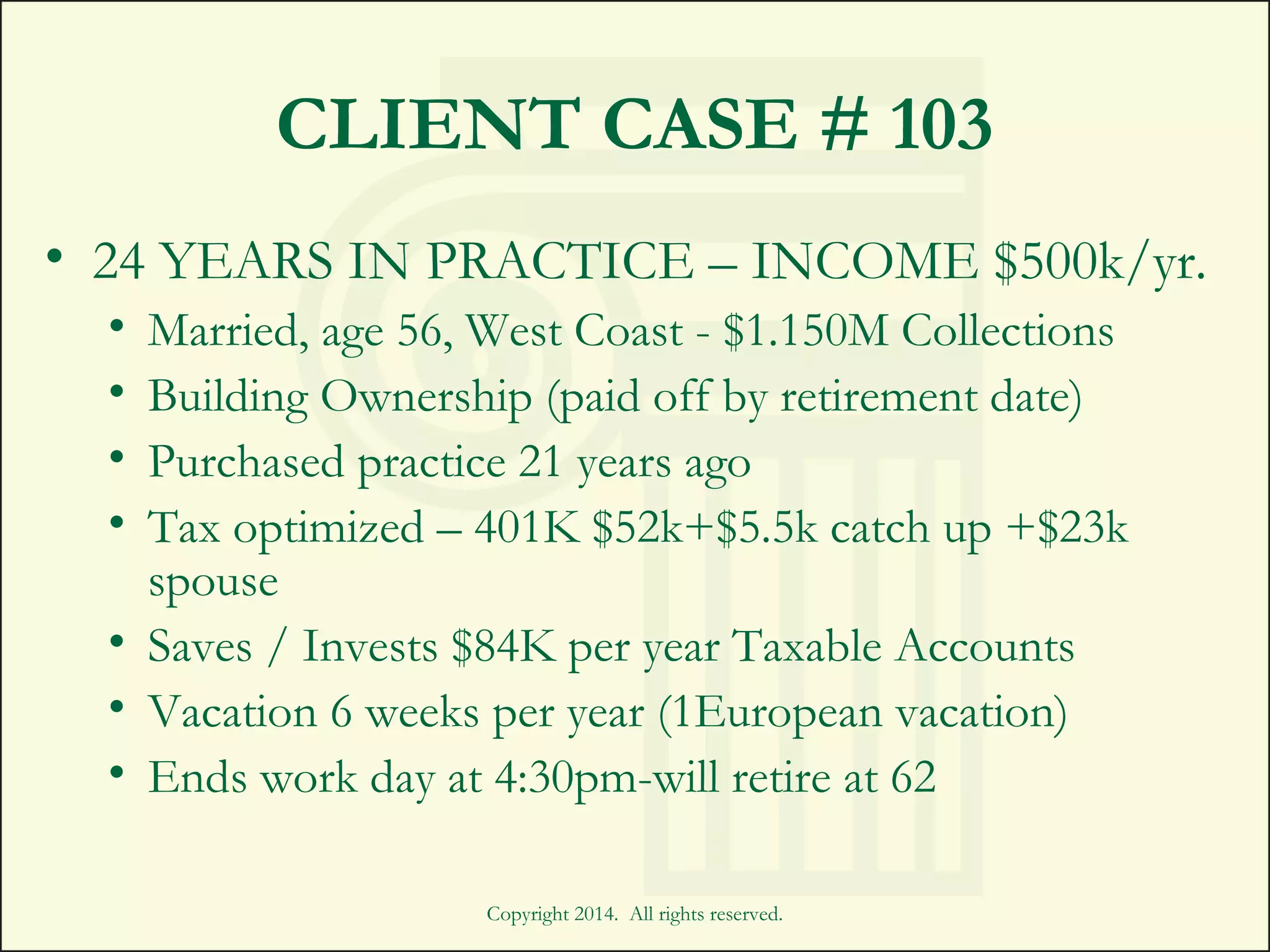 CLIENT CASE # 103
• 24 YEARS IN PRACTICE – INCOME $500k/yr.
• Married, age 56, West Coast - $1.150M Collections
• Building Ownership (paid off by retirement date)
• Purchased practice 21 years ago
• Tax optimized – 401K $52k+$5.5k catch up +$23k
spouse
• Saves / Invests $84K per year Taxable Accounts
• Vacation 6 weeks per year (1European vacation)
• Ends work day at 4:30pm-will retire at 62
Copyright 2014. All rights reserved.
 