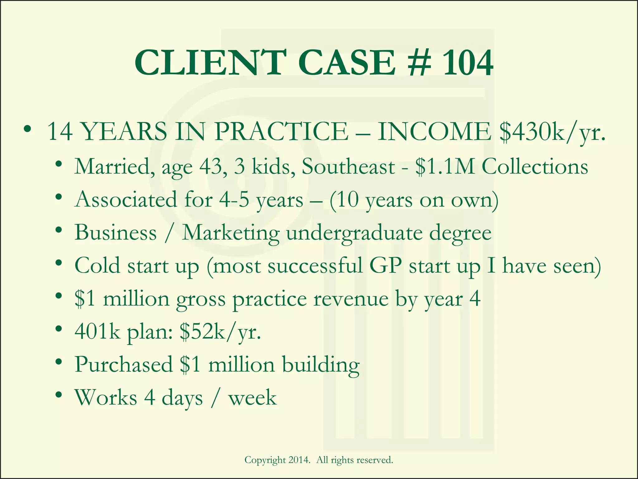 CLIENT CASE # 104
Copyright 2014. All rights reserved.
• 14 YEARS IN PRACTICE – INCOME $430k/yr.
• Married, age 43, 3 kids, Southeast - $1.1M Collections
• Associated for 4-5 years – (10 years on own)
• Business / Marketing undergraduate degree
• Cold start up (most successful GP start up I have seen)
• $1 million gross practice revenue by year 4
• 401k plan: $52k/yr.
• Purchased $1 million building
• Works 4 days / week
 
