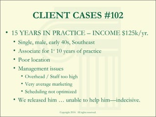 CLIENT CASES #102
Copyright 2014. All rights reserved.
• 15 YEARS IN PRACTICE – INCOME $125k/yr.
• Single, male, early 40s, Southeast
• Associate for 1st
10 years of practice
• Poor location
• Management issues
• Overhead / Staff too high
• Very average marketing
• Scheduling not optimized
• We released him … unable to help him—indecisive.
 