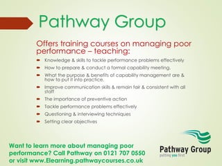 Want to learn more about managing poor
performance? Call Pathway on 0121 707 0550
or visit www.Elearning.pathwaycourses.co.uk
Offers training courses on managing poor
performance – teaching:
 Knowledge & skills to tackle performance problems effectively
 How to prepare & conduct a formal capability meeting.
 What the purpose & benefits of capability management are &
how to put it into practice.
 Improve communication skills & remain fair & consistent with all
staff
 The importance of preventive action
 Tackle performance problems effectively
 Questioning & interviewing techniques
 Setting clear objectives
Pathway Group
 
