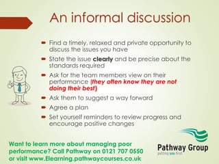 Want to learn more about managing poor
performance? Call Pathway on 0121 707 0550
or visit www.Elearning.pathwaycourses.co.uk
An informal discussion
 Find a timely, relaxed and private opportunity to
discuss the issues you have
 State the issue clearly and be precise about the
standards required
 Ask for the team members view on their
performance (they often know they are not
doing their best)
 Ask them to suggest a way forward
 Agree a plan
 Set yourself reminders to review progress and
encourage positive changes
 
