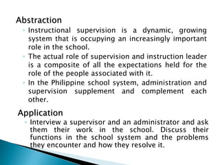 Abstraction
◦ Instructional supervision is a dynamic, growing
system that is occupying an increasingly important
role in the school.
◦ The actual role of supervision and instruction leader
is a composite of all the expectations held for the
role of the people associated with it.
◦ In the Philippine school system, administration and
supervision supplement and complement each
other.
Application
◦ Interview a supervisor and an administrator and ask
them their work in the school. Discuss their
functions in the school system and the problems
they encounter and how they resolve it.
 
