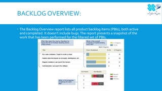 BACKLOG OVERVIEW:
 The Backlog Overview report lists all product backlog items (PBIs), both active
and completed. It doesn’t include bugs.The report presents a snapshot of the
work that has been performed for the filtered set of PBIs.
 