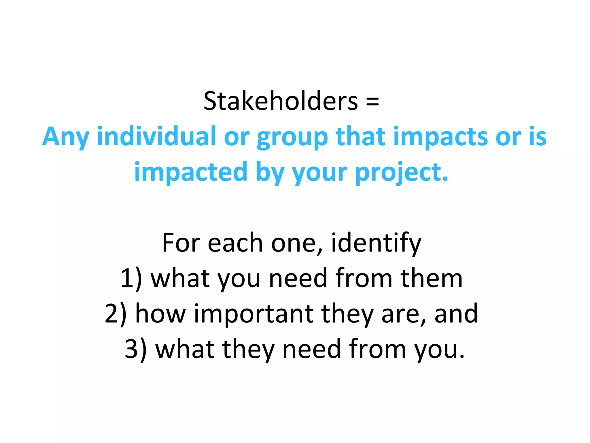 Stakeholders =
Any individual or group that impacts or is
impacted by your project.
For each one, identify
1) what you need from them
2) how important they are, and
3) what they need from you.
 