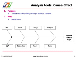 Analysis tools: Cause-Effect Purpose It help to accurately identify causes (or results) of a problem. Help Brainstorming. Test Code Design Analysis SQA Technology Team Time Defect rate is high   