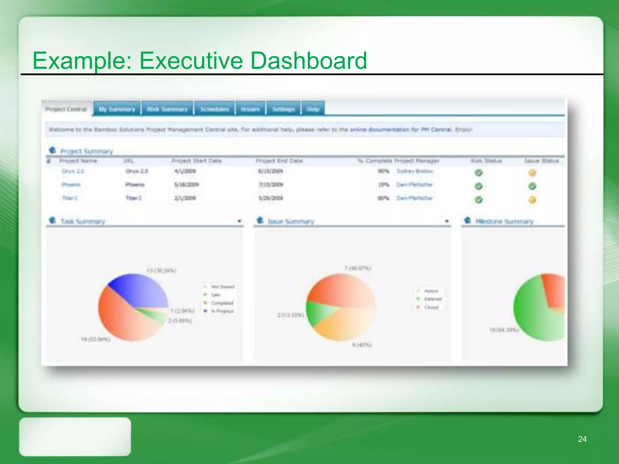Example: Executive Dashboard




                               24
 