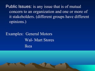 Public Issues: is any issue that is of mutual
concern to an organization and one or more of
it stakeholders. (different groups have different
opinions.)
Examples: General Motors
Wal- Mart Stores
Ikea
 