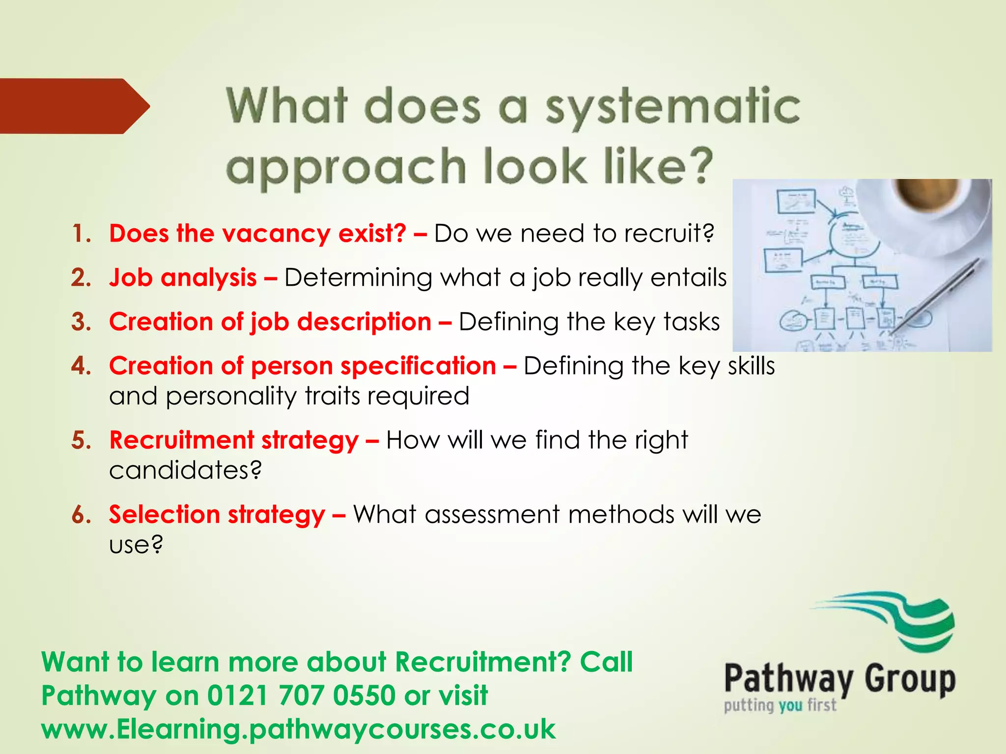 Want to learn more about Recruitment? Call
Pathway on 0121 707 0550 or visit
www.Elearning.pathwaycourses.co.uk
1. Does the vacancy exist? – Do we need to recruit?
2. Job analysis – Determining what a job really entails
3. Creation of job description – Defining the key tasks
4. Creation of person specification – Defining the key skills
and personality traits required
5. Recruitment strategy – How will we find the right
candidates?
6. Selection strategy – What assessment methods will we
use?
 