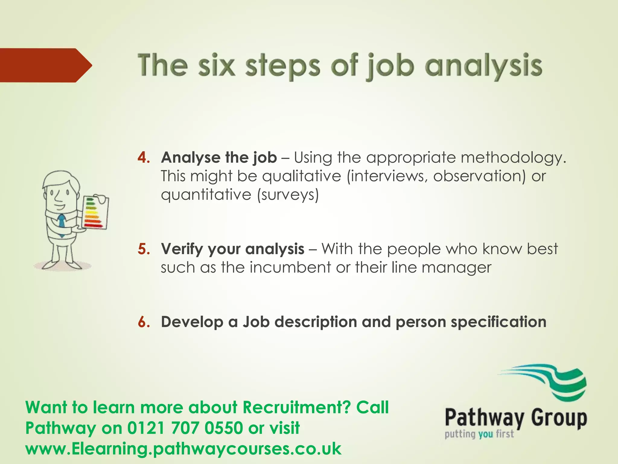 Want to learn more about Recruitment? Call
Pathway on 0121 707 0550 or visit
www.Elearning.pathwaycourses.co.uk
4. Analyse the job – Using the appropriate methodology.
This might be qualitative (interviews, observation) or
quantitative (surveys)
5. Verify your analysis – With the people who know best
such as the incumbent or their line manager
6. Develop a Job description and person specification
 