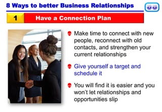 Have a Connection Plan1
 Make time to connect with new
people, reconnect with old
contacts, and strengthen your
current relationships
 Give yourself a target and
schedule it
 You will find it is easier and you
won’t let relationships and
opportunities slip
8 Ways to better Business Relationships
 