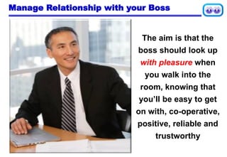 Manage Relationship with your Boss
The aim is that the
boss should look up
with pleasure when
you walk into the
room, knowing that
you’ll be easy to get
on with, co-operative,
positive, reliable and
trustworthy
 