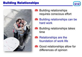 Building Relationships
 Building relationships
requires conscious effort
 Building relationships can be
hard work
 Building relationships takes
time
 Relationships are the
foundation of work life
 Good relationships allow for
differences of opinion
 