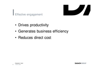 Effective engagement


     • Drives productivity
     • Generates business efficiency
     • Reduces direct cost




     Employment Brand
36   3 March 2008
 