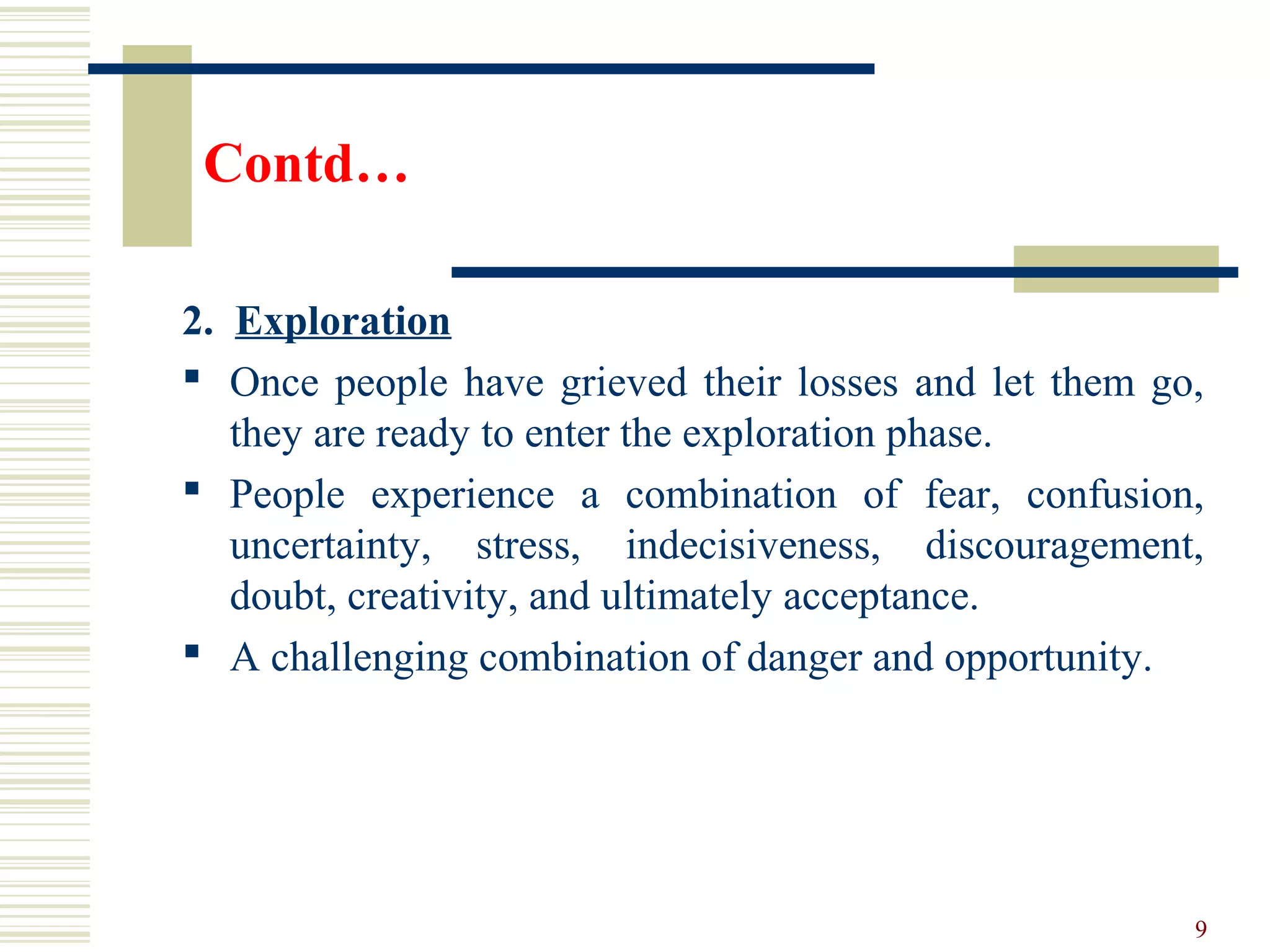 Contd…
2. Exploration
 Once people have grieved their losses and let them go,
they are ready to enter the exploration phase.
 People experience a combination of fear, confusion,
uncertainty, stress, indecisiveness, discouragement,
doubt, creativity, and ultimately acceptance.
 A challenging combination of danger and opportunity.
9
 
