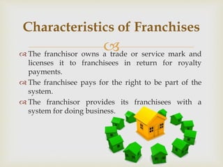  The franchisor owns a trade or service mark and
licenses it to franchisees in return for royalty
payments.
 The franchisee pays for the right to be part of the
system.
 The franchisor provides its franchisees with a
system for doing business.
Characteristics of Franchises
 