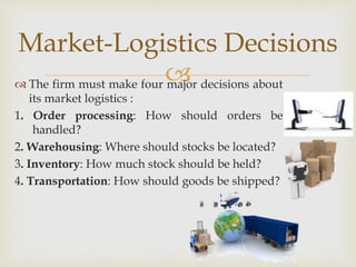  The firm must make four major decisions about
its market logistics :
1. Order processing: How should orders be
handled?
2. Warehousing: Where should stocks be located?
3. Inventory: How much stock should be held?
4. Transportation: How should goods be shipped?
Market-Logistics Decisions
 
