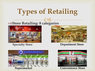 Store Retailing: 8 categories
Specialty Store
Types of Retailing
Department Store
Supermarket Convenience Store
 