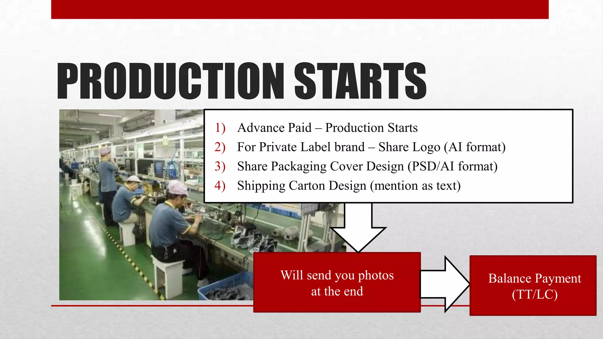 PRODUCTION STARTS
       1)   Advance Paid – Production Starts
       2)   For Private Label brand – Share Logo (AI format)
       3)   Share Packaging Cover Design (PSD/AI format)
       4)   Shipping Carton Design (mention as text)




                   Will send you photos                 Balance Payment
                         at the end                         (TT/LC)
 