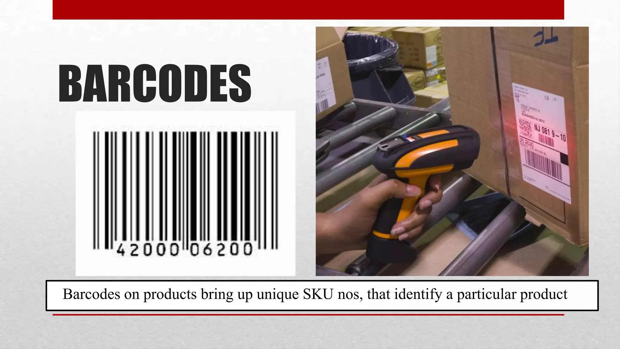 BARCODES



Barcodes on products bring up unique SKU nos, that identify a particular product
 