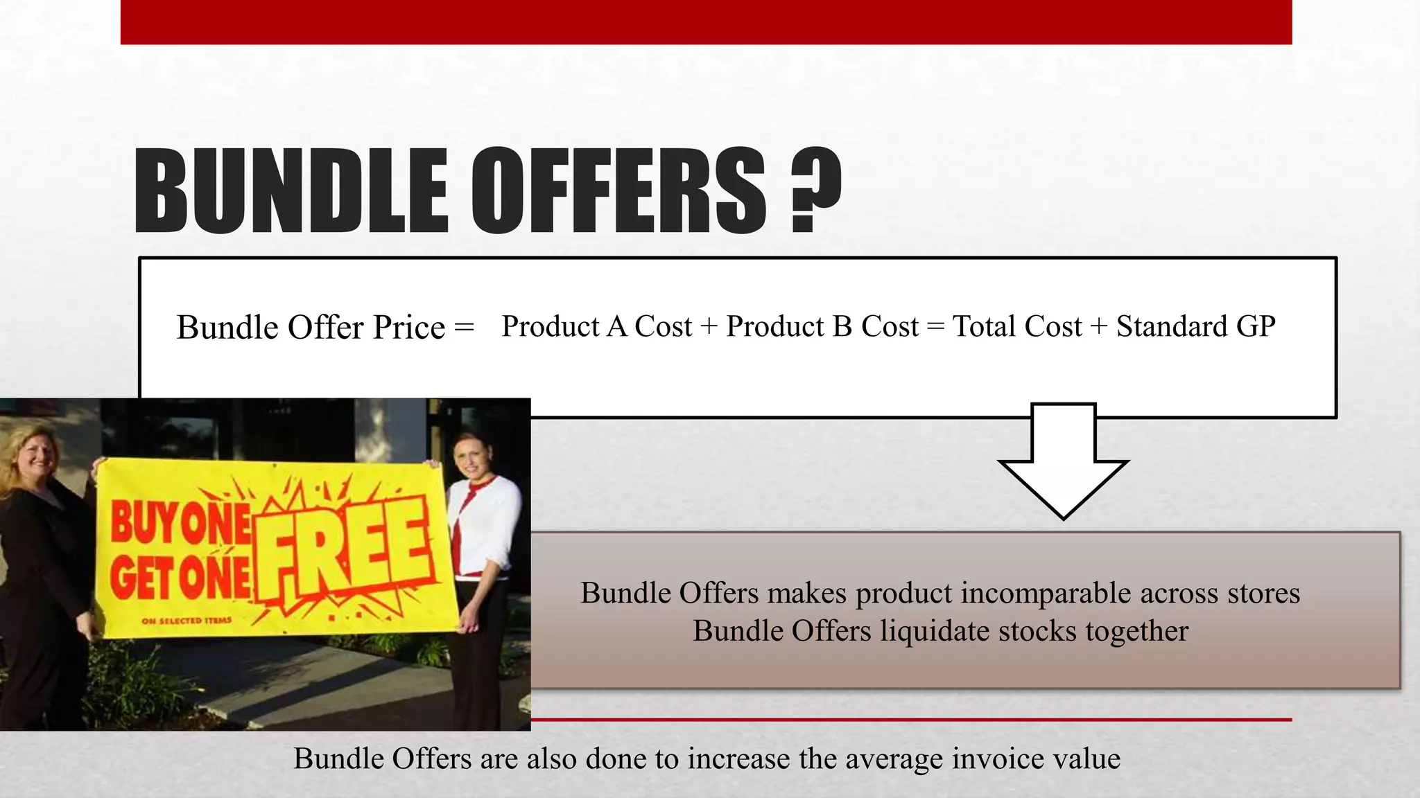 BUNDLE OFFERS ?
Bundle Offer Price = Product A Cost + Product B Cost = Total Cost + Standard GP




                              Bundle Offers makes product incomparable across stores
                                      Bundle Offers liquidate stocks together



        Bundle Offers are also done to increase the average invoice value
 